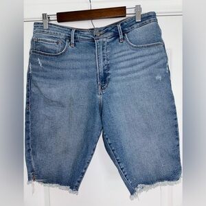 Good American High Rise Distressed Blue Denim Shorts